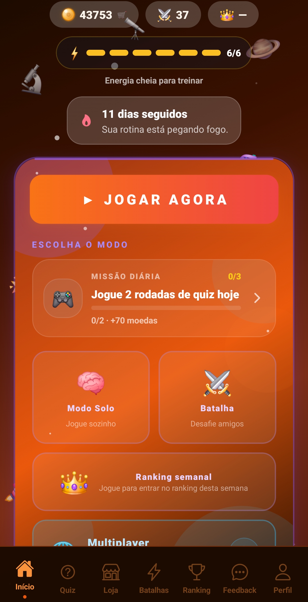 Tela inicial do Ciência Clash mostrando botão Jogar Agora, missão diária, modo solo, batalha e ranking
