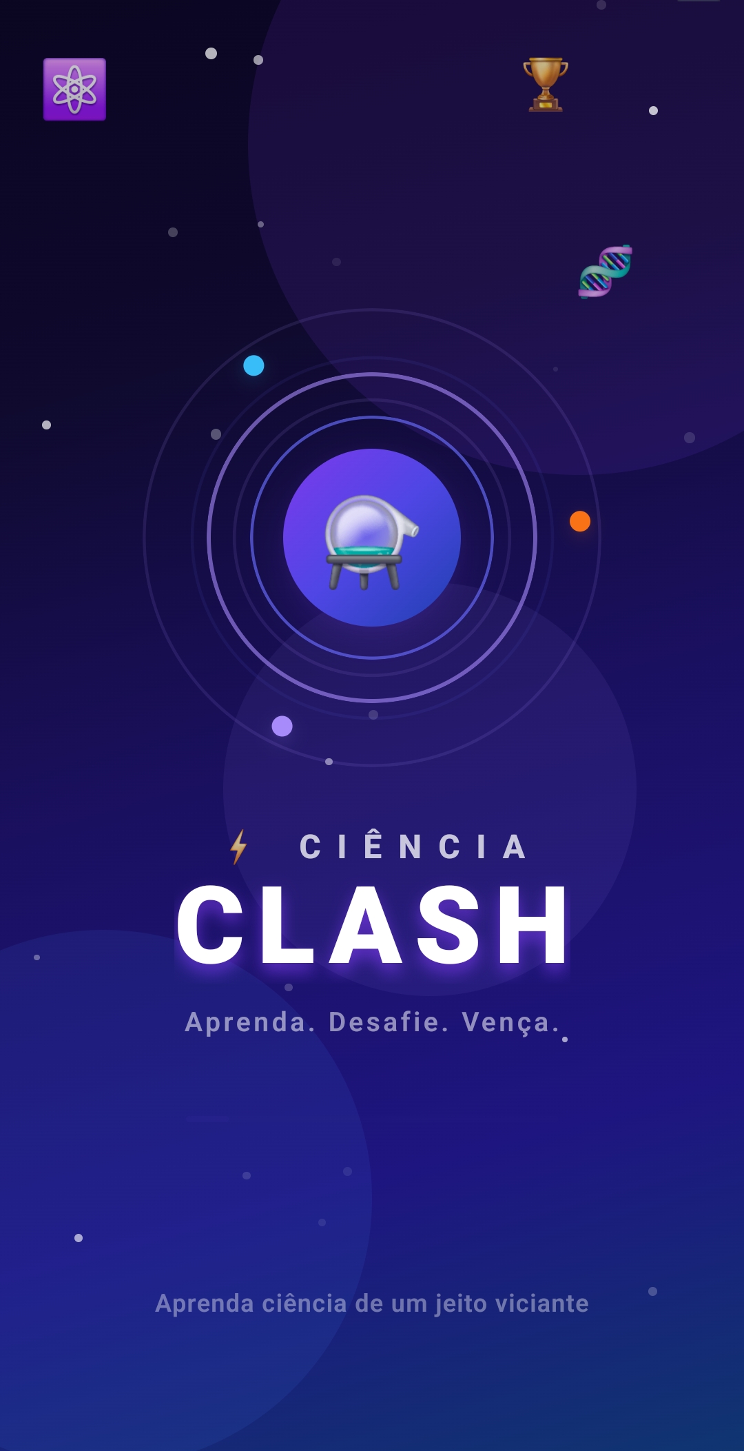Tela de abertura do Ciência Clash com identidade visual espacial e frase Aprenda, Desafie, Vença